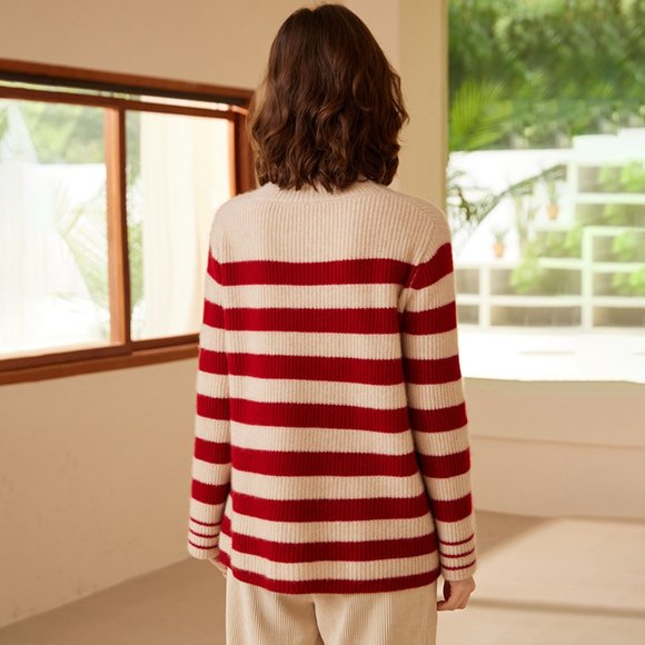 Light Luxury - Women's Turtleneck Striped Pure Cashmere Sweater - Picture 2 of 7